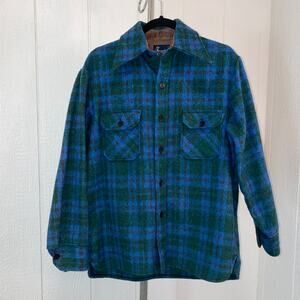 Vintage Brewster Men's M Heavyweight Blue, Green‎ & Brown Plaid L/S B/F Shirt